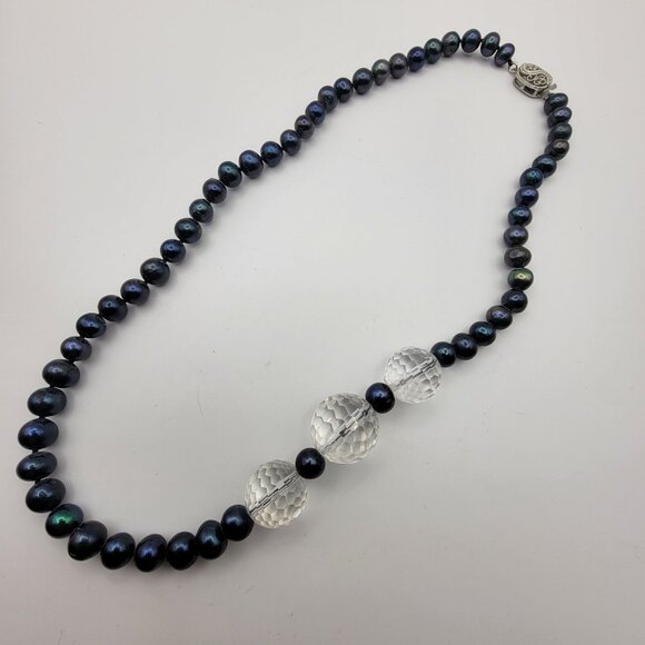 Peacock Tahitian Pearl and Faceted Rock Crystal Necklace - Picture 1 of 7